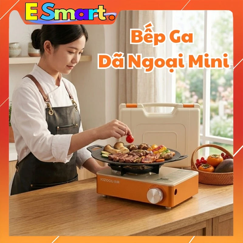 Bếp Ga Du Lịch Mini KIZOOU Công Suất 8800W - Bếp Gas Inox Chống Gỉ Cao Cấp Có Khay Chống Gió Tặng Kèm Hộp Đựng Tiện Lợi