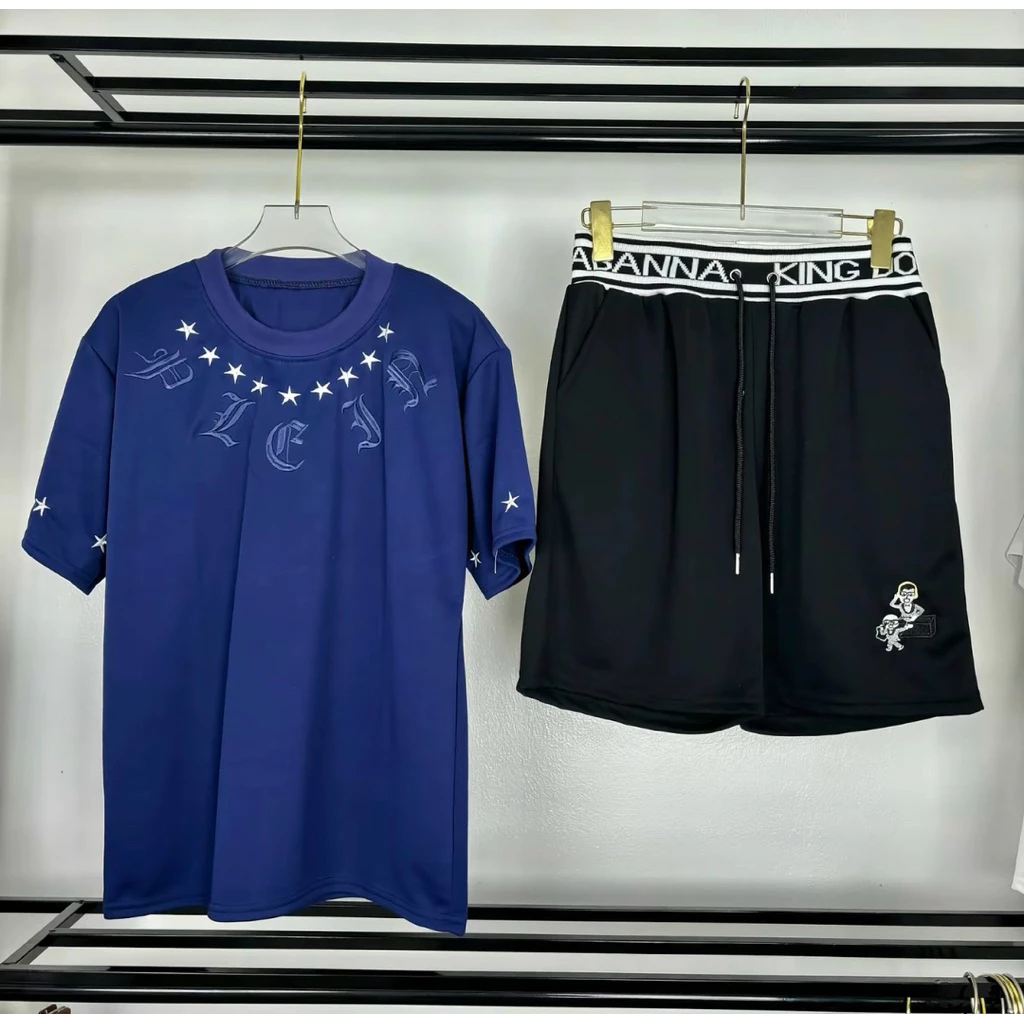 Bộ cộc nam áo thun ngôi sao viền cổ chữ tàu phối kèm quần short dcel chất vải thun lạnh dành cho nam nữ