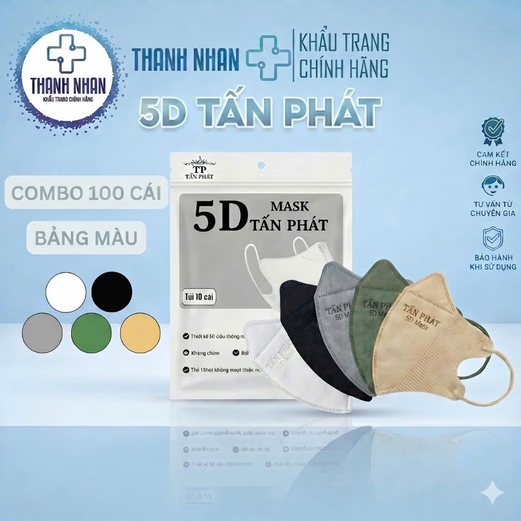 Khẩu Trang 5D Tấn Phát Chính Hãng 3 Lớp, Chống Bụi Mịn, Không Lem Son