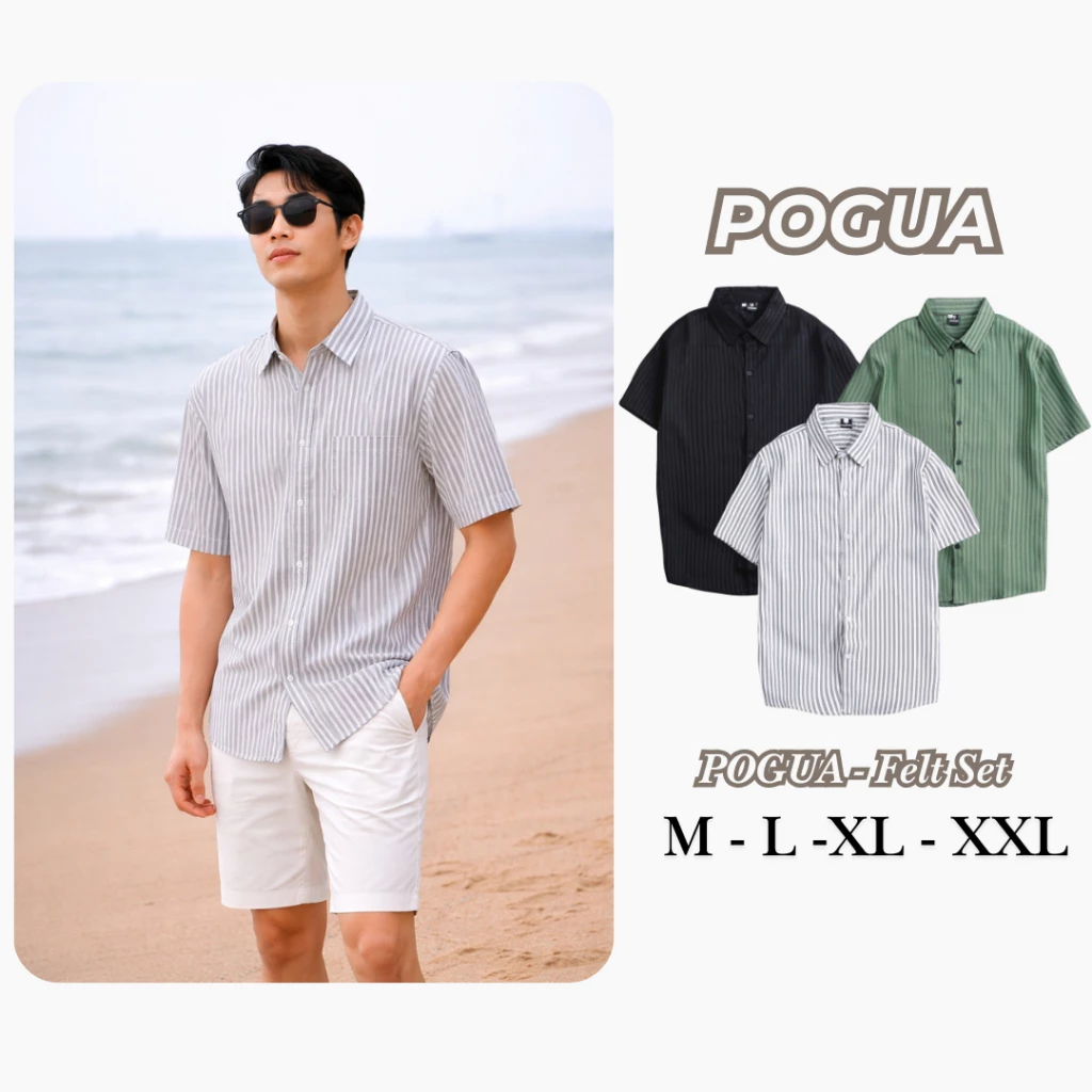 [MẪU HOT] Áo Sơ Mi Kẻ Unisex POGUA Form Rộng - Chất liệu Linen Phù Hợp Mặc Mạch Phố, Đi Biển