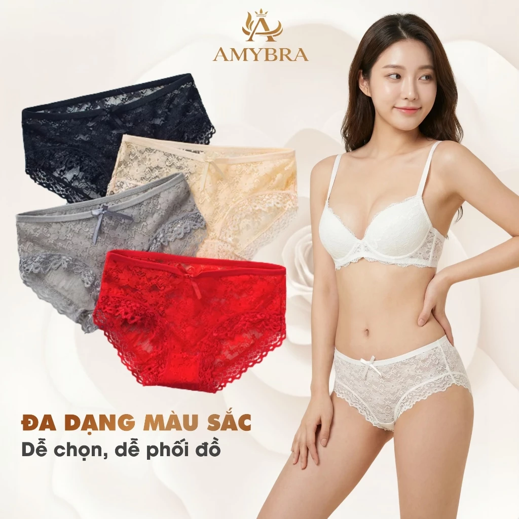 Quần Lót Nữ AMYBRA Ren Hoa Xuyên Thấu quyến rũ, Quần Chip Đáy May Cotton Kháng Khuẩn L104