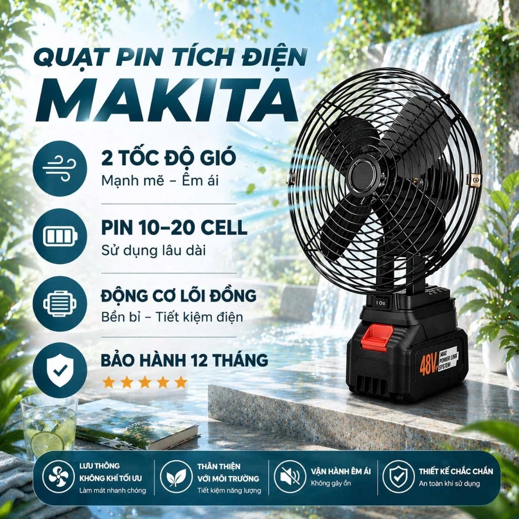 Quạt Tích Điện Chạy Pin MAKITA Công Suất Lớn, Làm Mát Cực Nhanh, Kết Cấu Kim Loại Chắc Chắn, Hoạt Động Mạnh Mẽ, Bền Bỉ