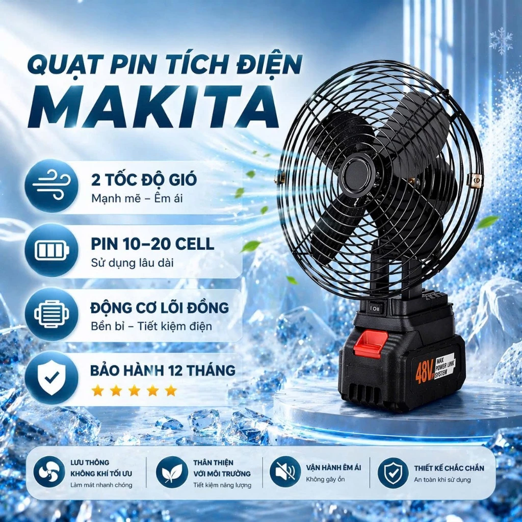 Quat Pin Tích Điện MAKITA Công Suất Lớn, Làm Mát Cực Nhanh, Kết Cấu Chắc Chắn, Hoạt Động Mạnh Mẽ, Không Gây Tiếng Ồn
