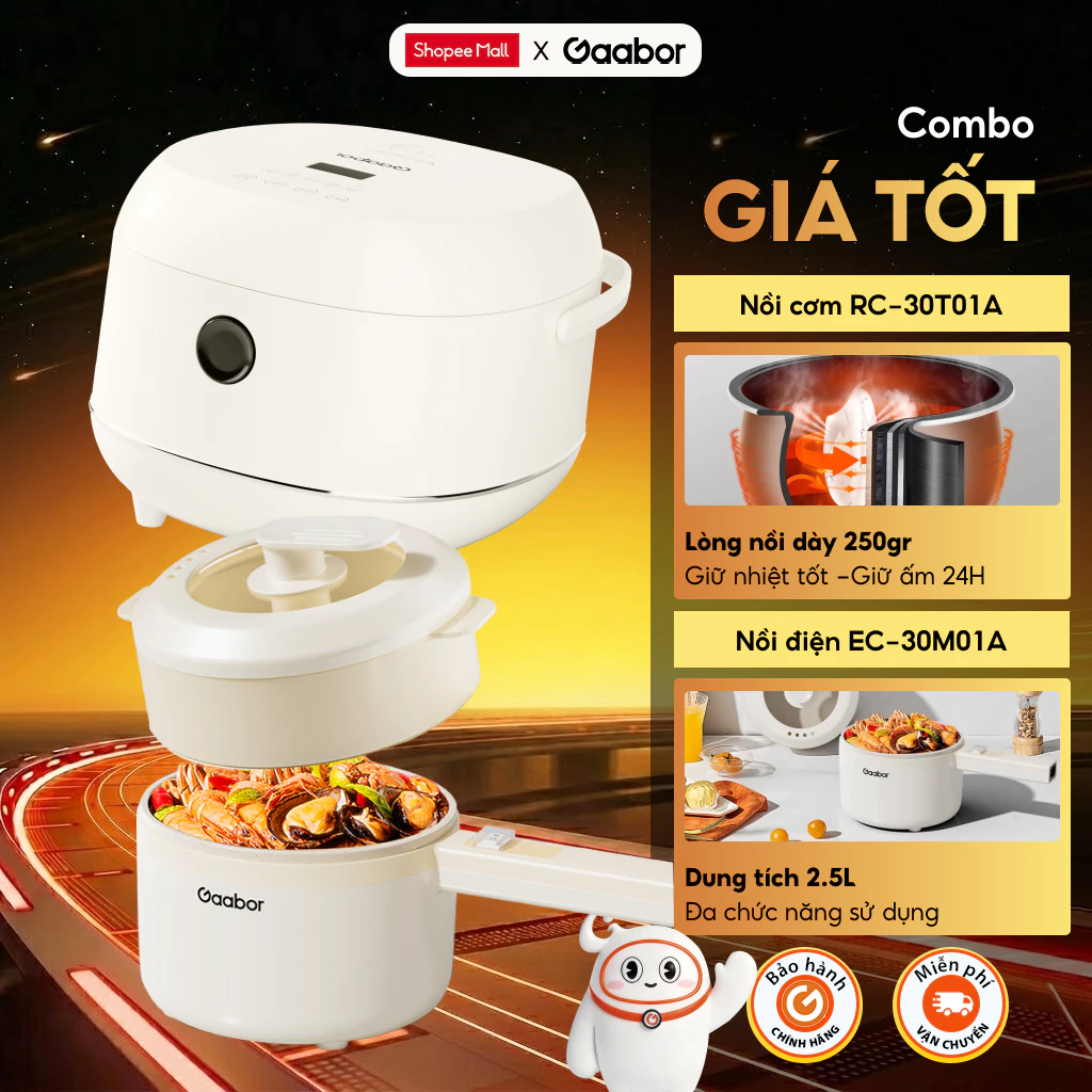 Combo Gaabor 505 Nồi cơm điện tử 1.2L RC-30T01A và Nồi điện EC-30M01A đa năng dung tích 2.5L nấu ăn tiện lợi