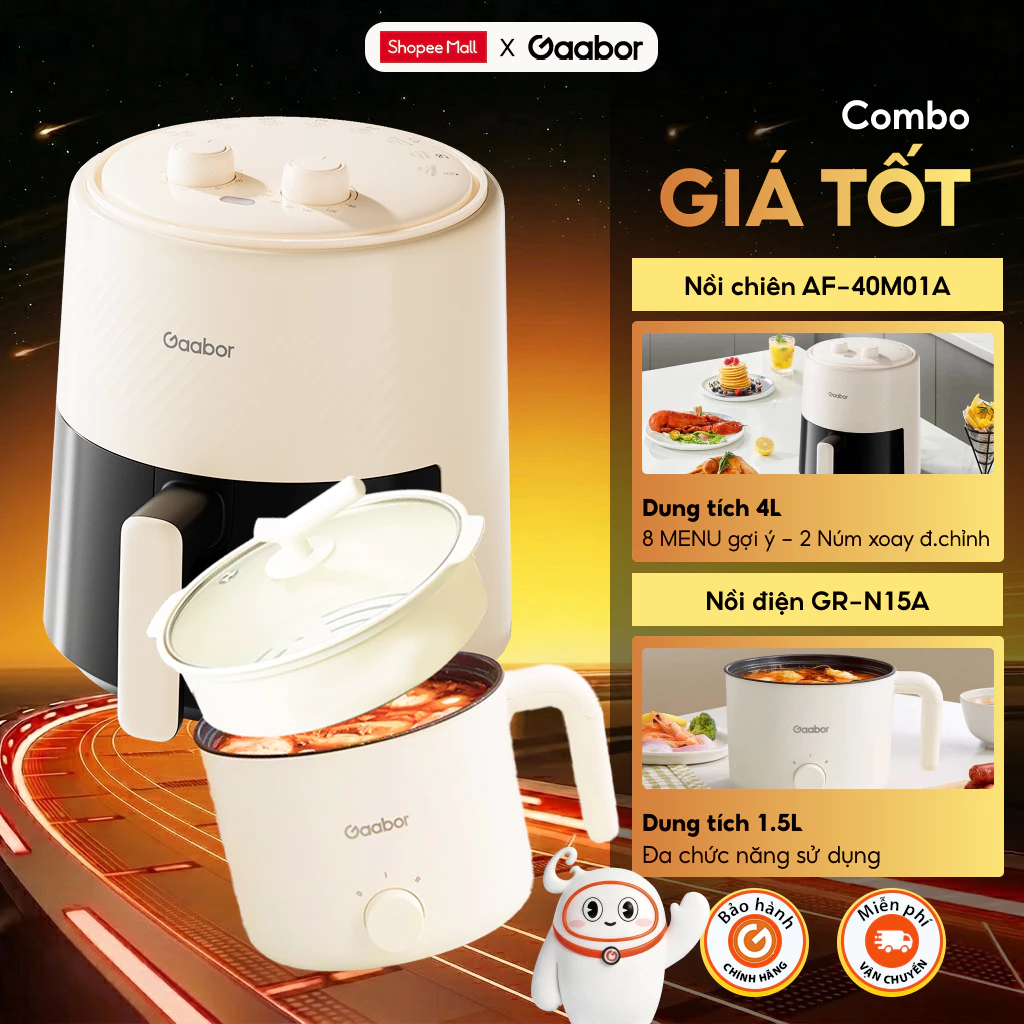 Combo Gaabor 499 Nồi chiên không dầu 4L Gaabo AF-40M01A và Nồi điện đa năng GR-N15A lẩu điện 1.5L nấu tiện lợi