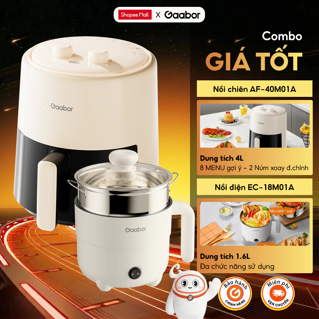 Combo Gaabor 503 Nồi chiên không dầu 4L Gaabo AF-40M01A và Nồi điện đa năng EC-18M01A lẩu điện 1.6L nấu tiện lợi