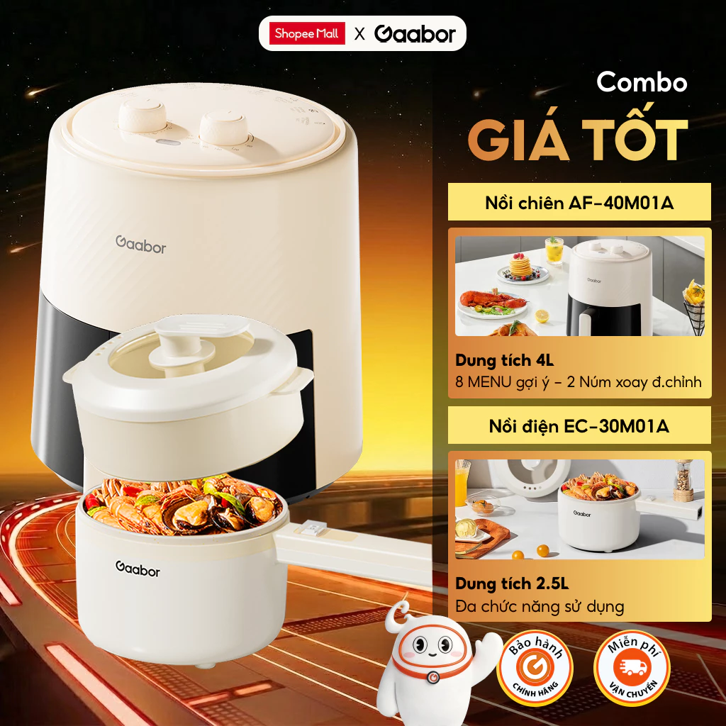Combo Gaabor 507 Nồi chiên không dầu 4L AF-40M01A Nồi lẩu điện đa năng 2.5L EC-30M01A công suất 600W