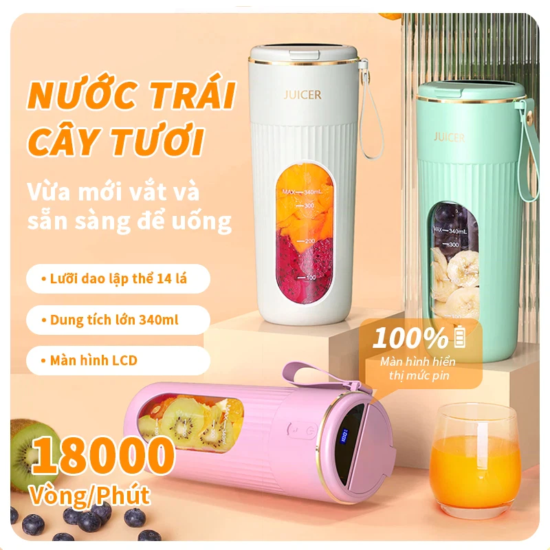 Máy Xay Cầm Tay Đa Năng 340ml, 14 Lưỡi Dao Thép, Màn Hình LED,  Xay Đá, Ép Trái Cây, Quà Sinh Nhật