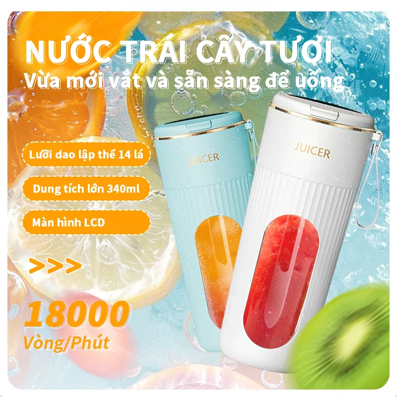Máy Xay Cầm Tay Mini 340ml, 14 Lưỡi Dao Thép, Màn Hình LED, Xay Đá, Ép Trái Cây Tươi