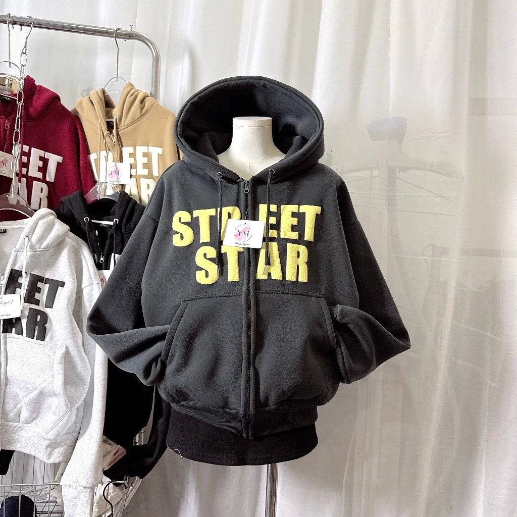 Áo Hoodie Nỉ Nữ Form Rộng In Nổi STREET STAR Có Nón – Áo Khoác Zip Dày Dặn, Phong Cách Trẻ Trung Cá Tính