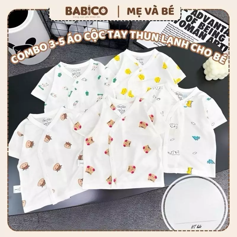 Áo cộc tay sơ sinh nền trắng họa tiết , chất thun lạnh cho bé size 3-8kg