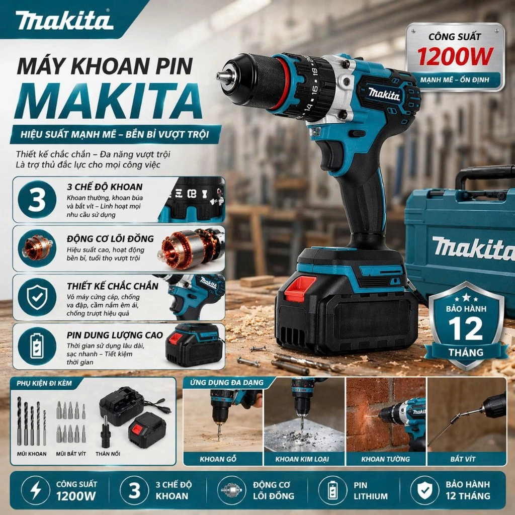 Máy Khoan Pin MAKITA, Máy Khoan Pin Cầm Tay Có 3 Chức Năng Bắn Vít, Khoan Tường Tiện lợi - Tặng Kèm Bộ 24 Chi Tiết