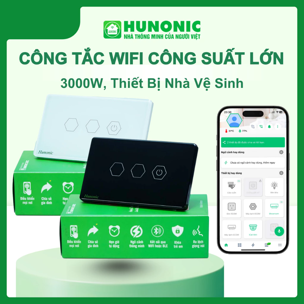 Công Tắc Wifi 3 Nút CSL Hunonic Liên Kết Nhà Vệ Sinh Thông Minh 3000W Tiện Lợi, Tiết Kiệm Điện
