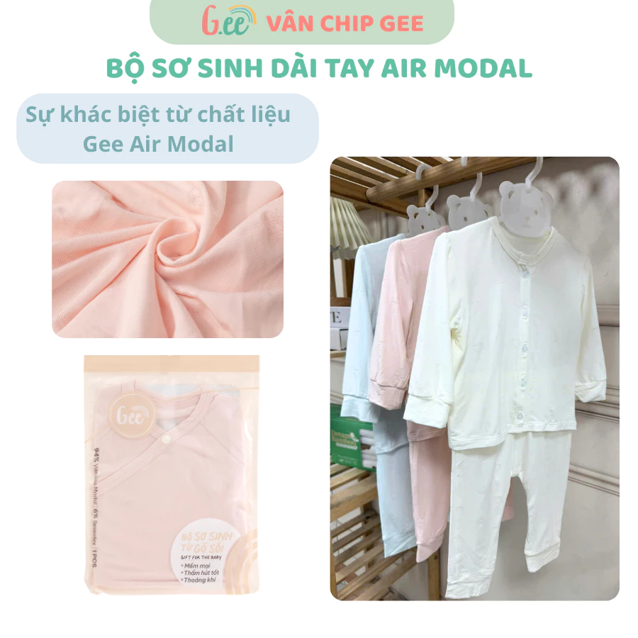 Bộ sơ sinh dài tay cho bé gái, bé trai Gee vải sợi tre, gỗ sồi Air Modal mềm mướt như mây, êm dã thoáng khí