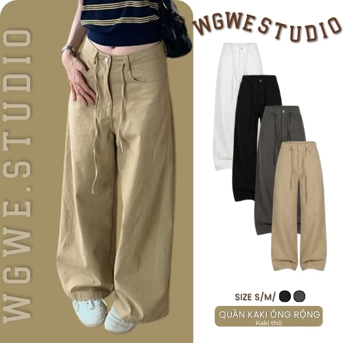 WGWE Studio Quần Kaki Ống Rộng Nữ –Dây Rút Eo, Vải Mềm, Form Rộng 7597