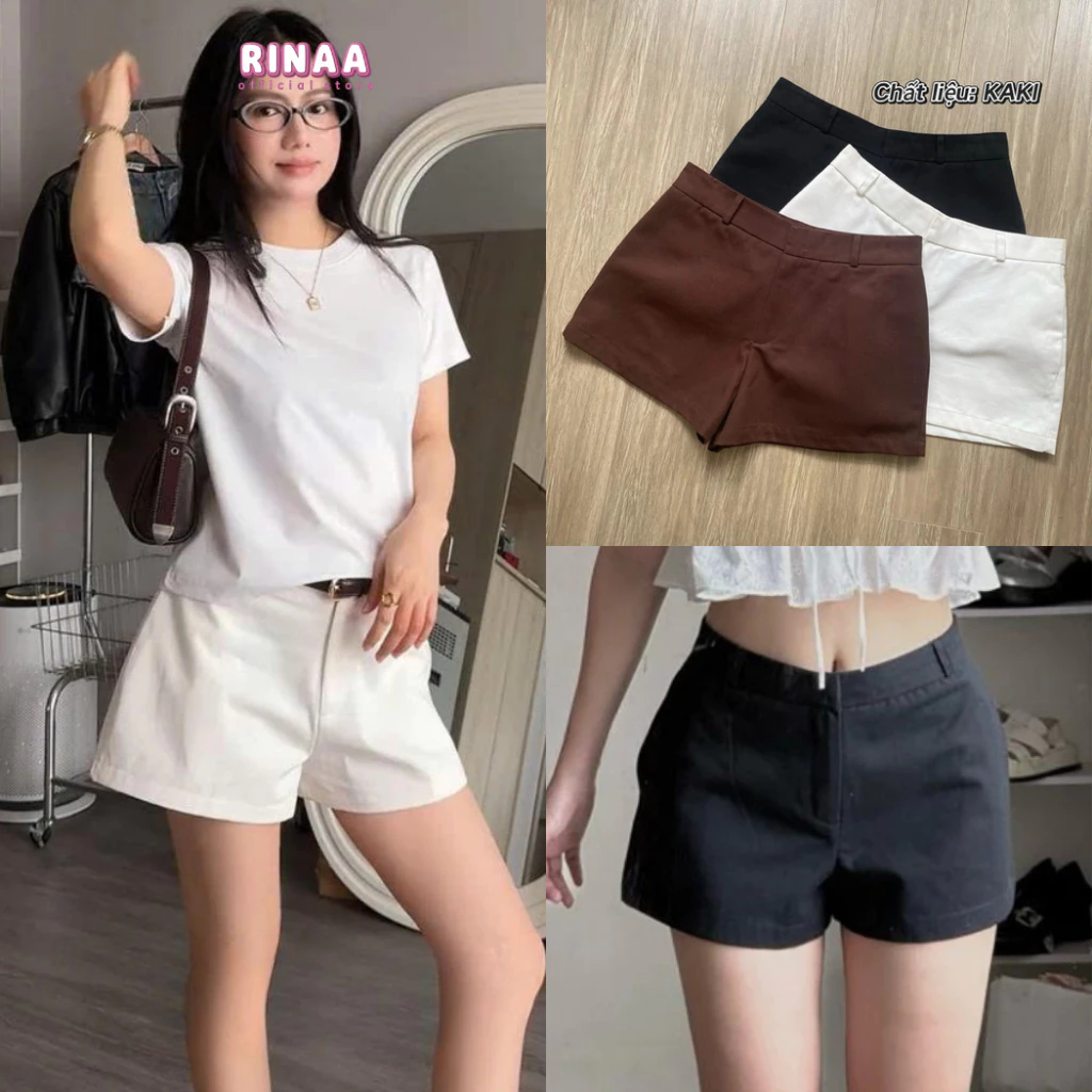 [MỞ BÁN]Quần Đùi Kaki Trắng Cạp Trễ RINAA Dáng Ngắn Dày Dặn, Quần Short Vải Basic Hot Trend Dễ Phối