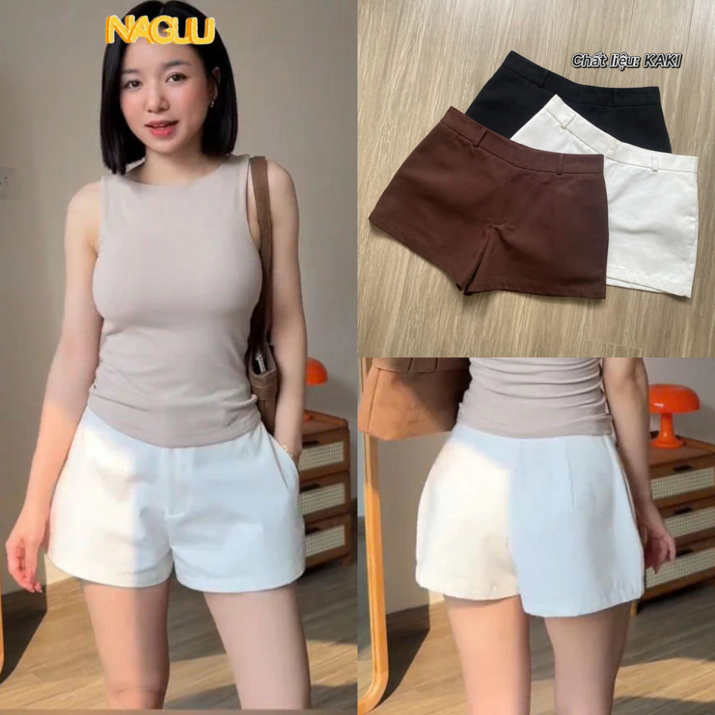 [MỞ BÁN]Quần Short Trắng Cạp Trễ NAGUU Dáng Ngắn Dày Dặn, Quần Đùi Kaki Ngắn Basic Hot Trend Đi Biển