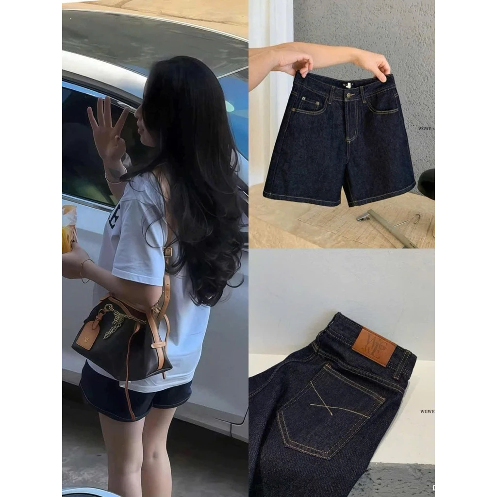 Quần Short Jeans Dáng A Màu Xanh Tràm Cạp Khoá Lưng Cao Mặc Hách Dáng