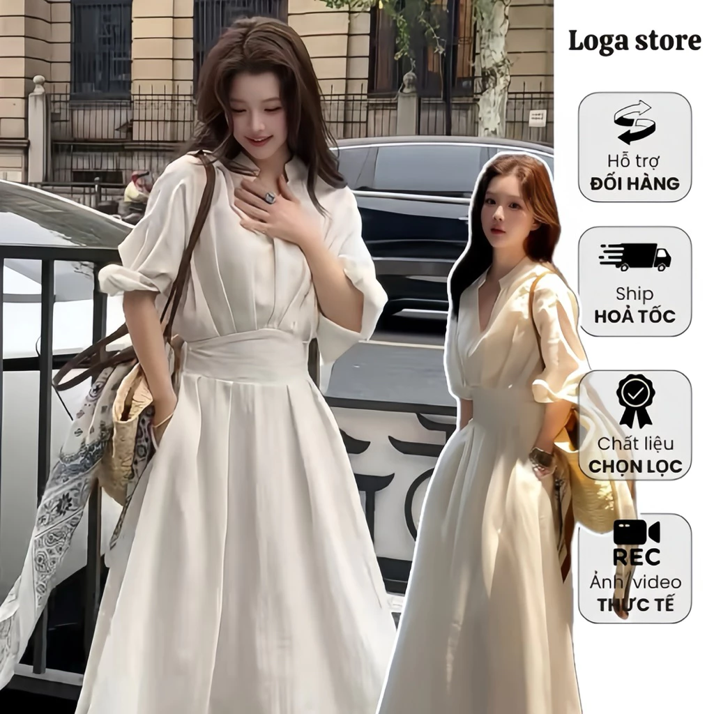Váy maxi trắng kem dáng dài cổ V thanh lịch, đầm nữ style Hàn Quốc che khuyết điểm, mặc đi làm đi chơi L105
