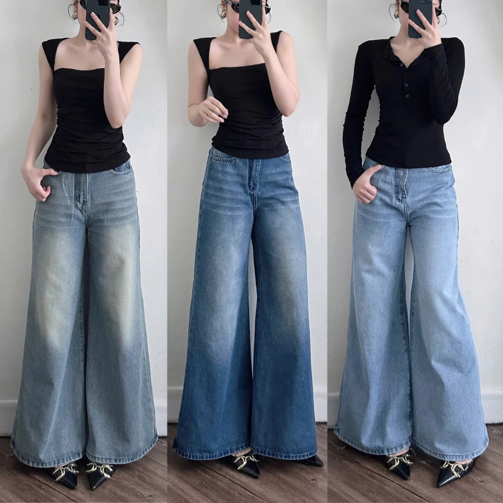 Quần Jean Nữ Ống Rộng 37Cm Hàng Thiết Kế Lưng Cạp Cao Vải Cotton Mềm Mát Không Co Giãn Q444