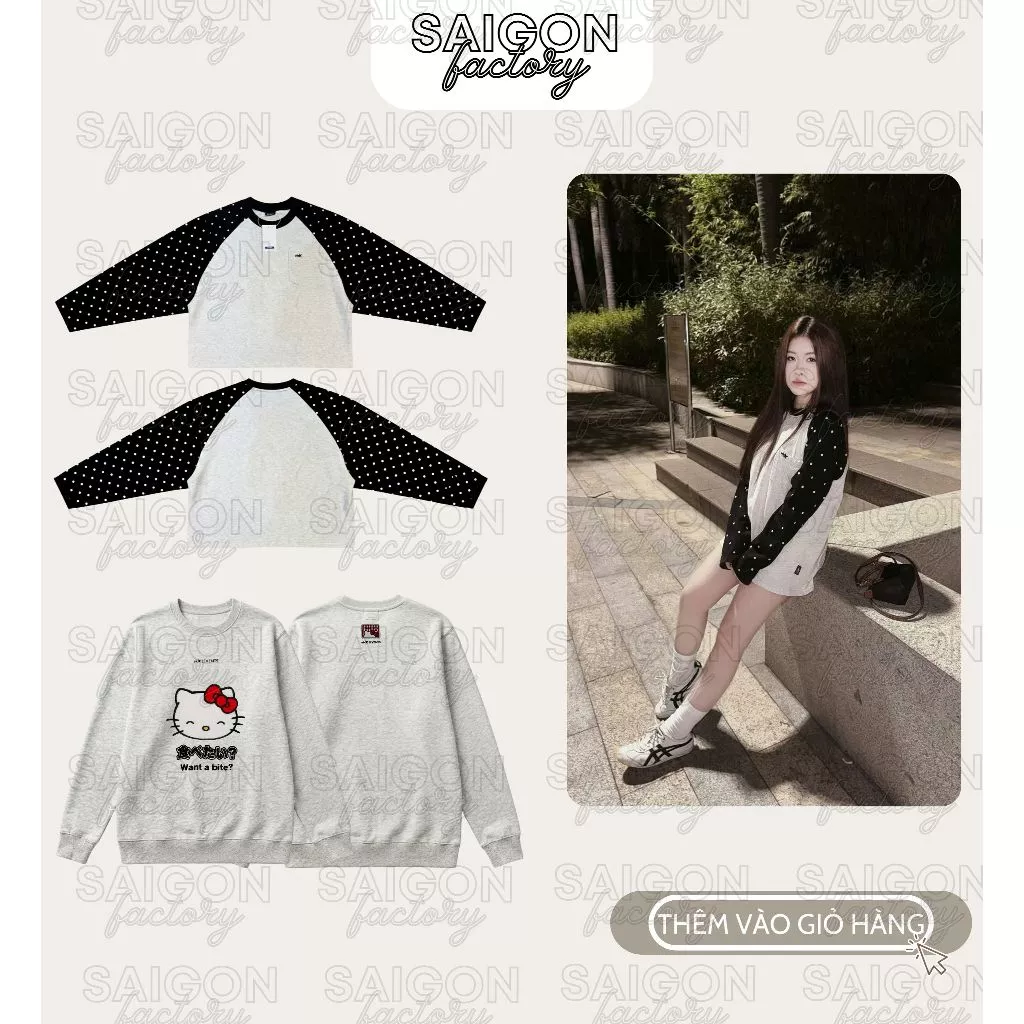 [MỞ BÁN] Áo thun Dài Tay Long Sleeve Raglan Hình Ngôi Sao Chất liệu Cotton Gsm 250 Thoáng Mát Áo Sweater Hello Kitty