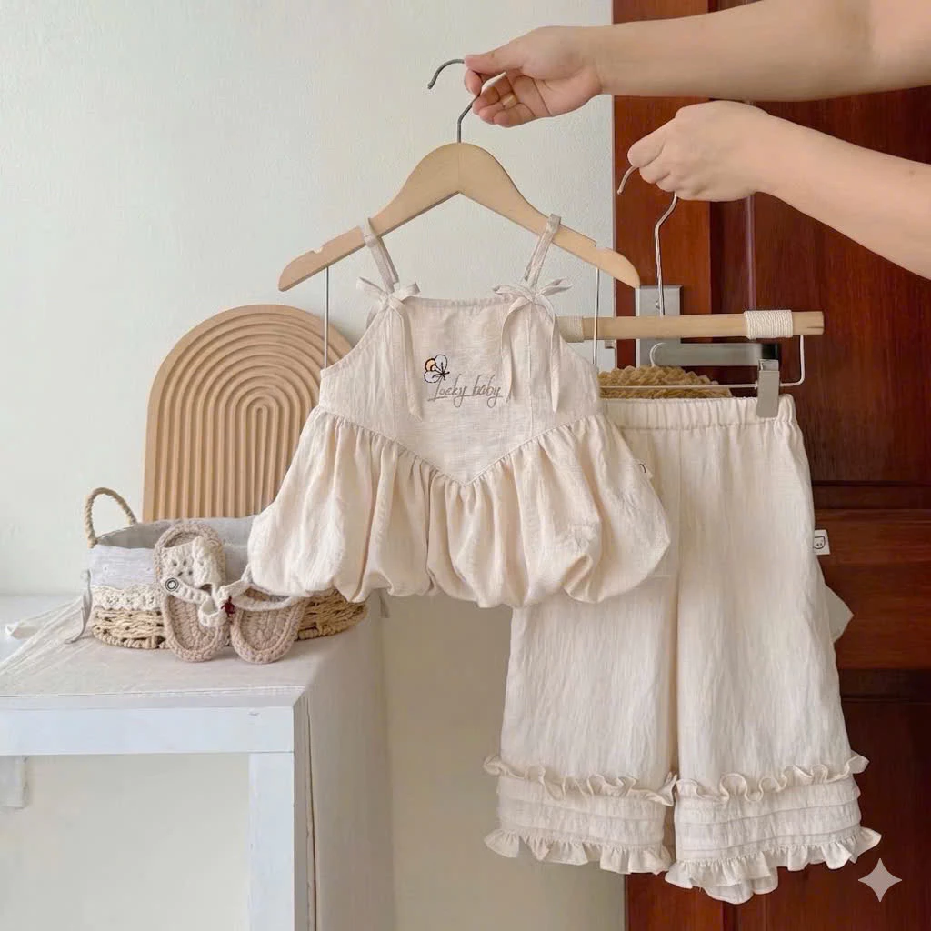 (Siêu Xinh )K6 Set áo 2 dây đũi lucky kèm quần dài xinh xắn cho bé gái diện đi chơi đi học đi du lịch (9-30kg)