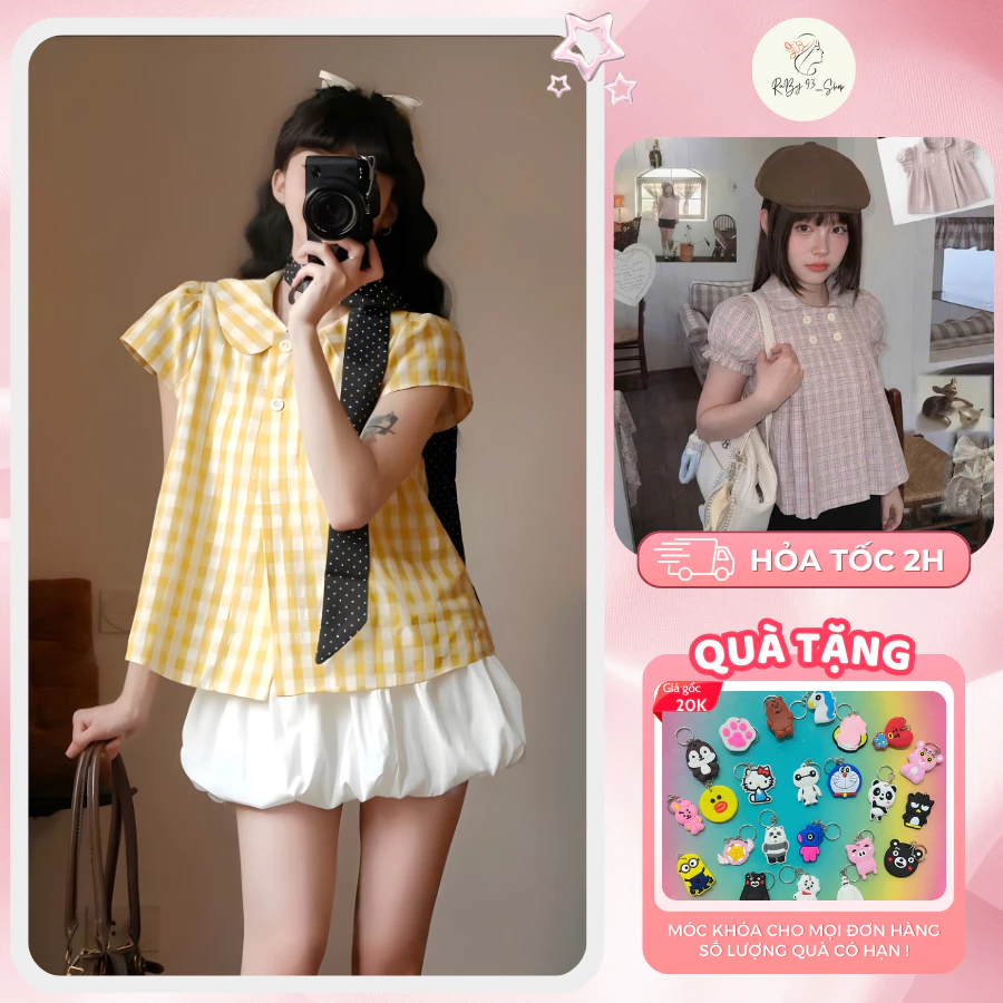 Áo kẻ caro baby doll tay phồng phong cách dễ thương hàn quốc mặc mùa hè đi chơi dễ phối đồ