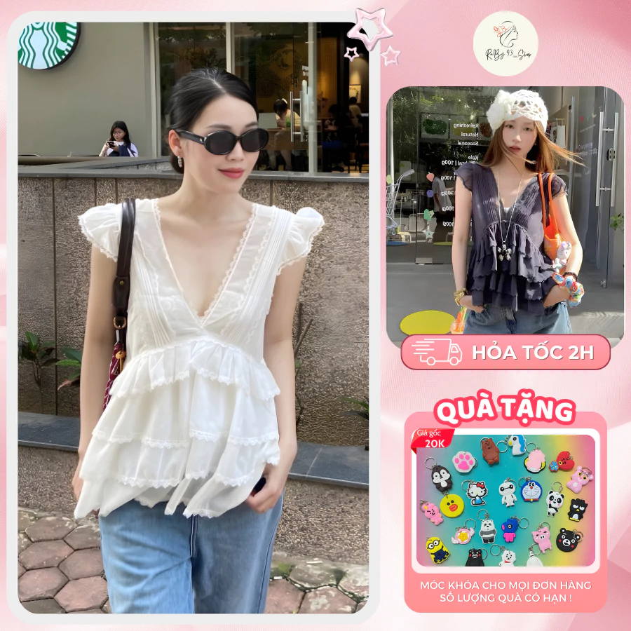Áo kiểu nữ cổ V tay cánh tiên phối ren tầng mùa hè đi biển đi chơi phong cách trẻ trung chất đẹp