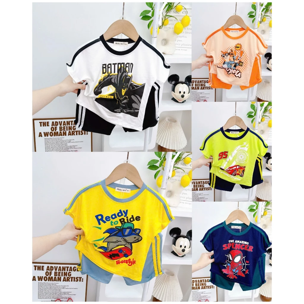 MẪU MỚI [ 7-25 ký ] Bộ Cộc Tay Thun Lạnh Micky woo cho bé trai mặc mùa hè mặc đi học mền mịn mát thoáng