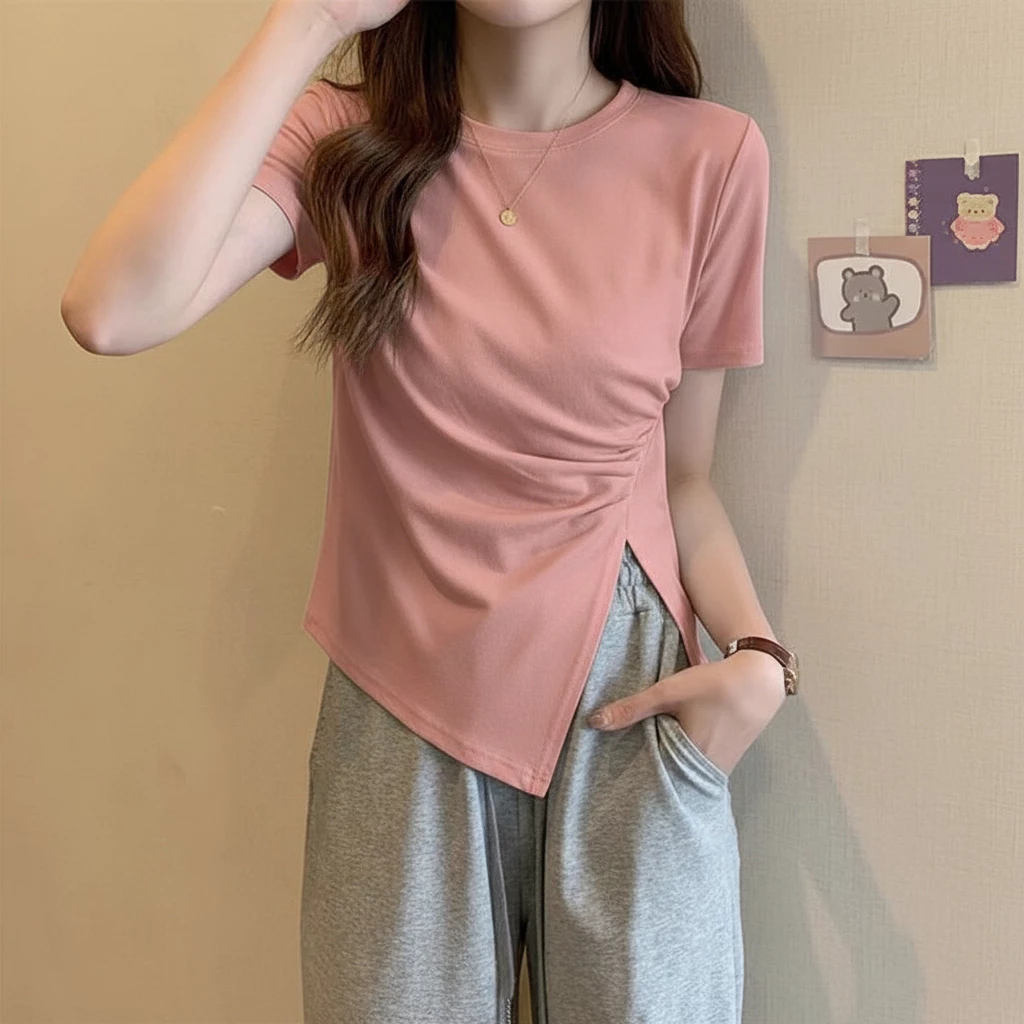 Áo Thun Nữ Vạt Chéo Rúm Eo Xẻ Sườn Tôn Dáng