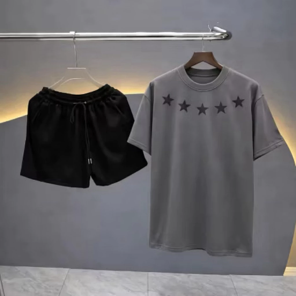 Bộ cộc nam áo thun xám ngôi sao thêu da phối quần short trơn chất thun lạnh dành cho nam nữ from unisex