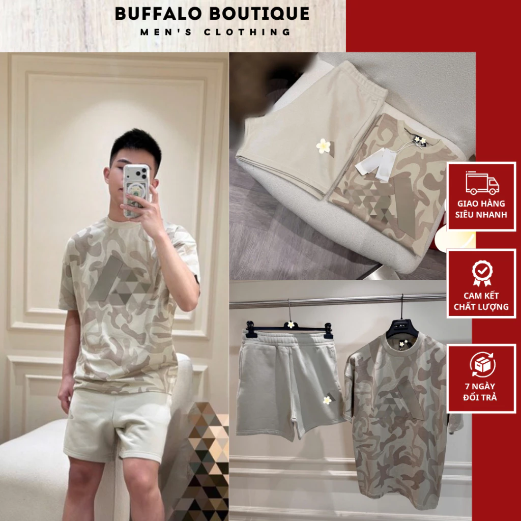 Bộ Quần Áo Nam Mùa Hè Màu Be Loang Siêu Nét - Bộ Cộc Hè Loang Be Chất Cotton Thấm Hút Cao Cấp