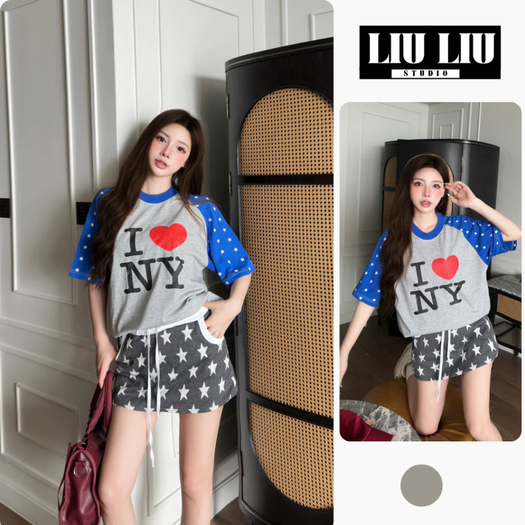 Áo thun nữ form rộng LIULIU STUDIO L27 - Áo phông raglan I LOVE NY phối tay xanh sao streetwear cá tính