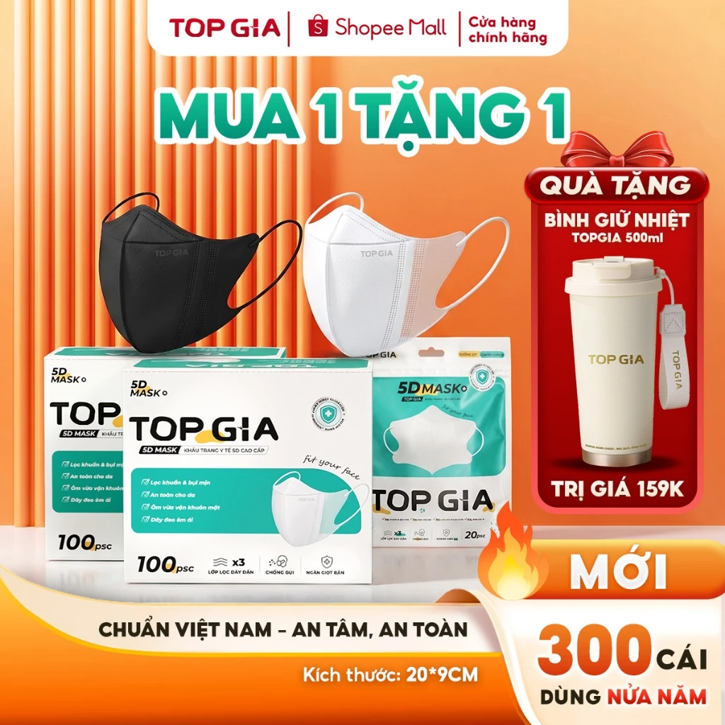 [MUA 1 TẶNG 1] Thùng 300 cái khẩu trang Topgia trắng,đen 5D an toàn kháng khuẩn, TẶNG 1 bình giữ nhiệt 500ml