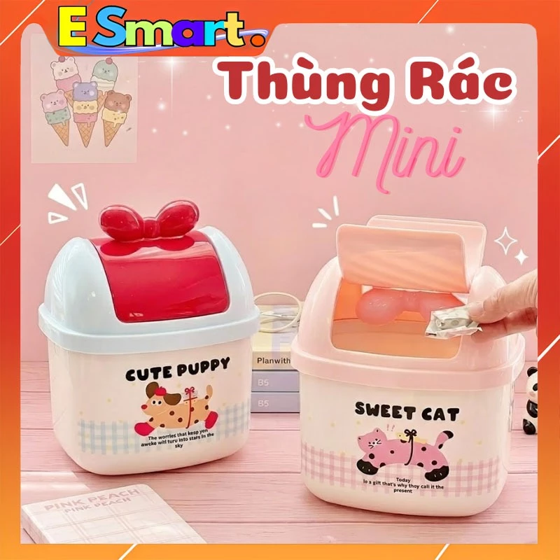 Thùng Đựng Rác Văn Phòng Có Nắp Lật -  Sọt Rác Để Bàn Mini Decor Bàn Làm Việc, Bàn Học Chất Liệu Nhựa ABS Cao Cấp