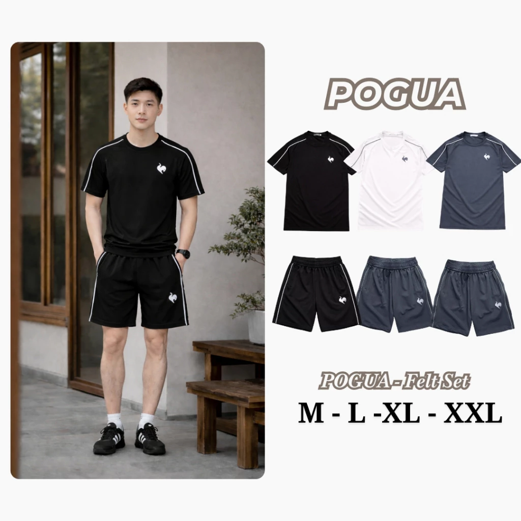 Bộ quần áo nam chất liệu thun cá sấu giãn đa chiều, họa tiết thêu logo Gà Trống phối viền kẻ đơn trẻ trung GTR
