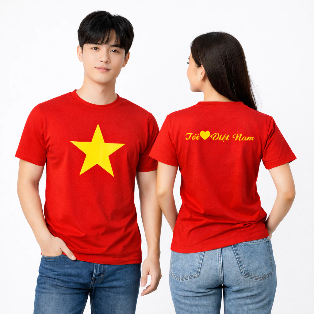 Áo Thun Cờ Đỏ Sao Vàng In Trước Sau Tôi Yêu Việt Nam THOITRANG24H Cổ Tròn Phom Xuông Vải Dày