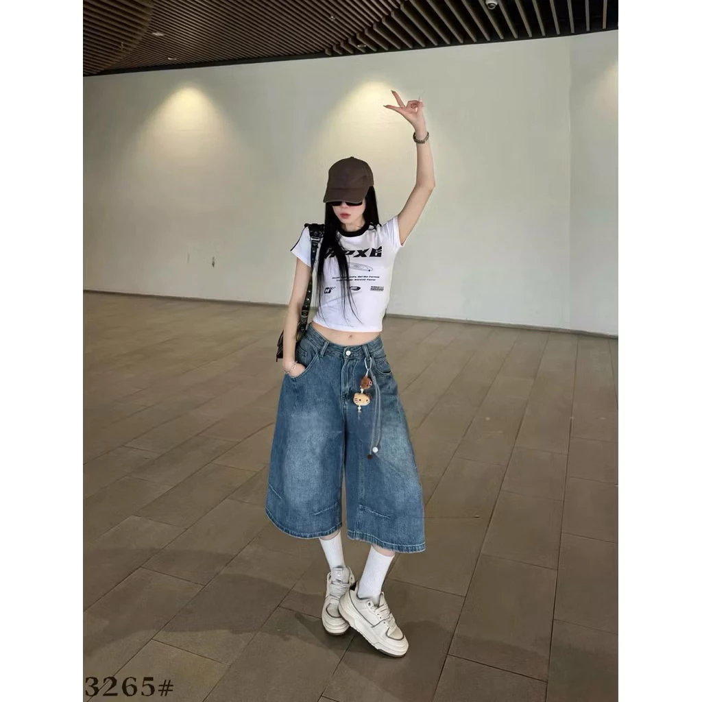 Quần Jean Ngố Lửng Nữ Ống Rộng Cạp Khoá - Quần Bò Ngố Cạp Cao Dài Qua Gối - Ko Kèm charm gấu
