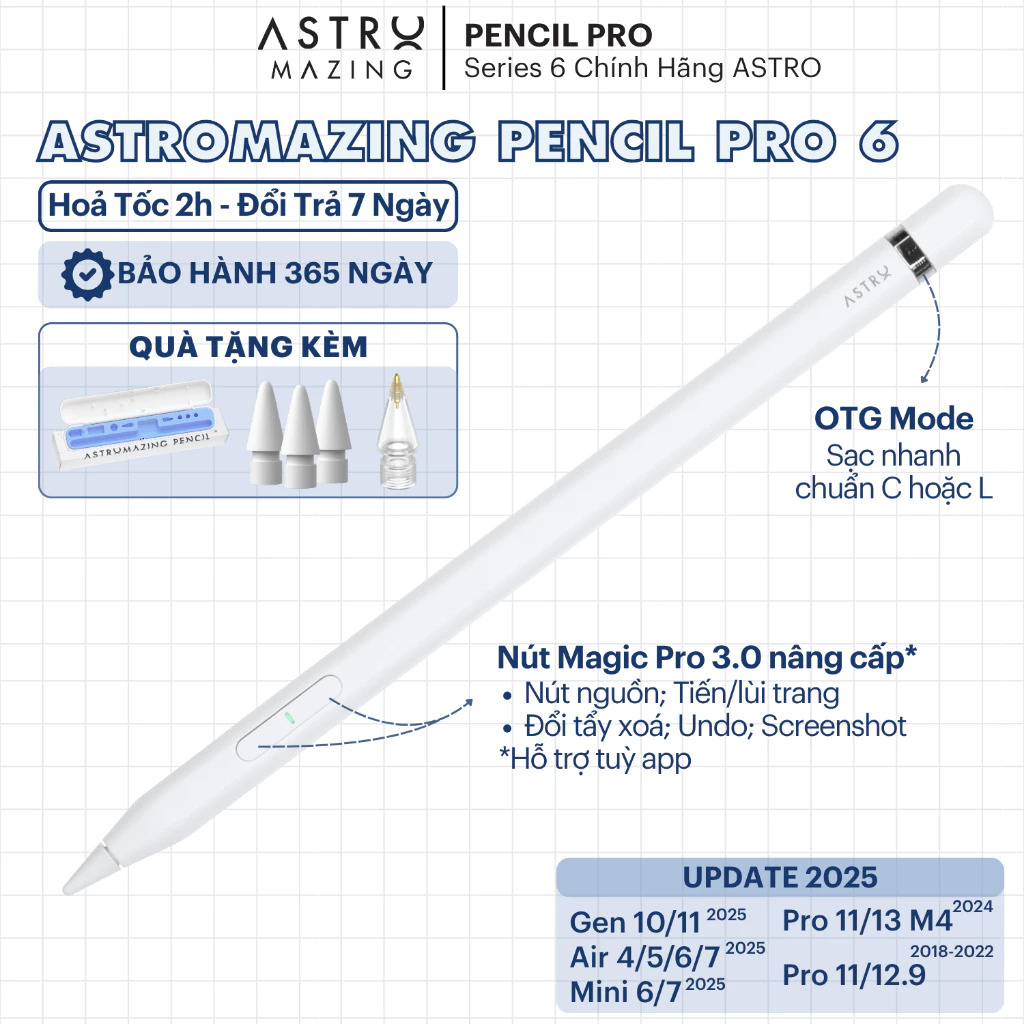 [Pencil Pro 6] Bút Stylus AstroMazing Pencil Pro 6 chống chạm nhầm vẽ nét thanh đậm cho iPad
