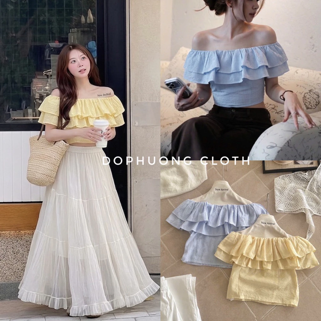 (Video Dophuongcloth) Áo croptop trễ vai kẻ sọc xanh/vàng xếp tầng cách điệu chun lưng Hebe Top hợp đi chơi, đi biển