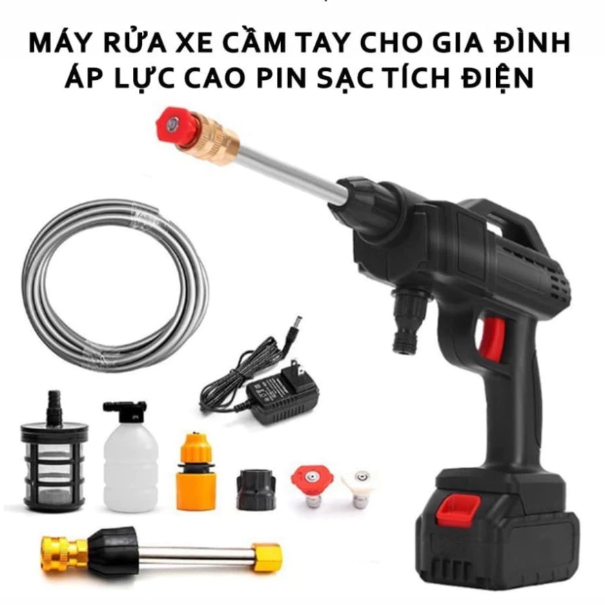 Máy Xit Rửa Xe Cầm Tay Rửa Sân Tưới Cây Pin 199V, Máy Xịt Rửa Xe Mini Áp Lực Cao Tiện Lợi