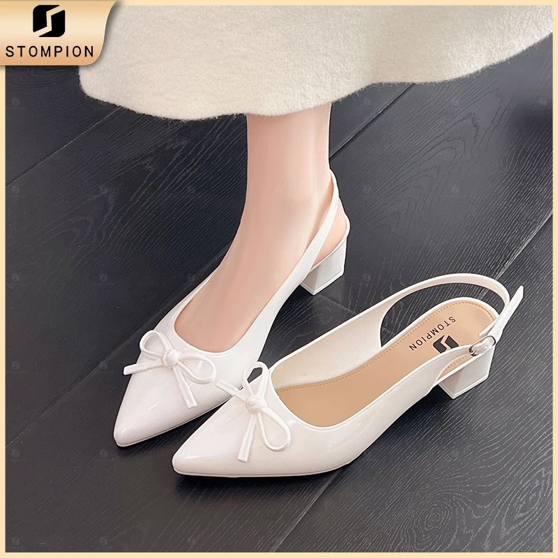 STOMPION Giày cao gót đầu nhọn màu trắng với khóa hình vuông - Phù hợp cho đi làm, thanh lịch-Form Hơi Lớn