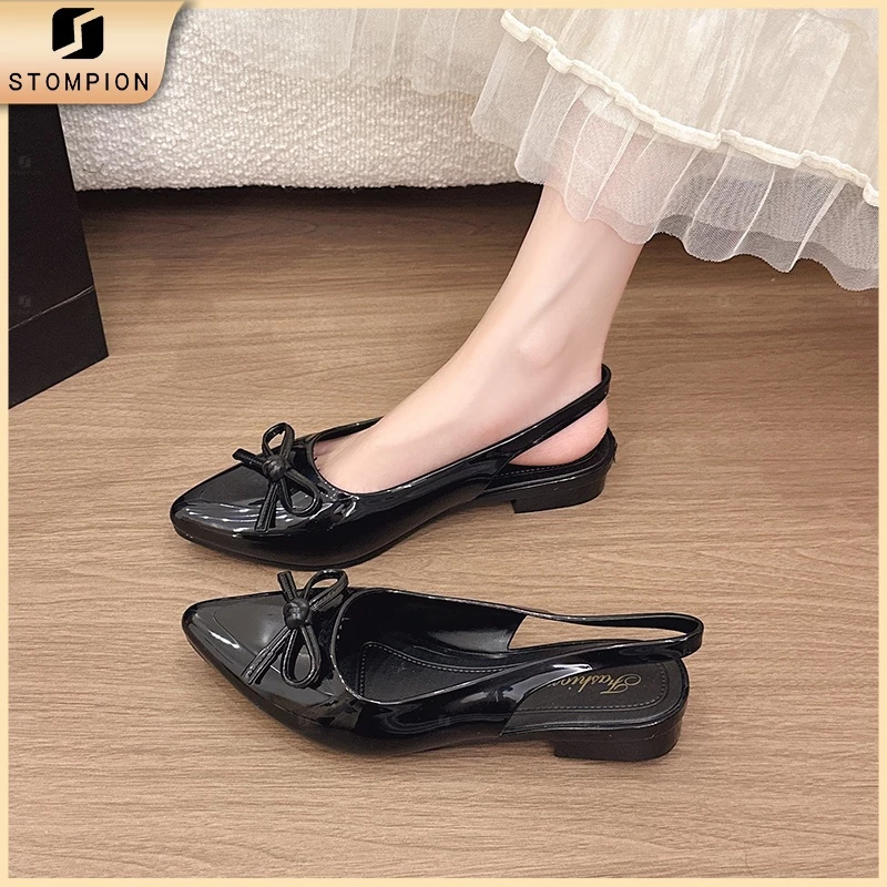 STOMPION Giày cao gót đầu nhọn màu đen với nơ bướm & thiết kế hở gót Phong cách ngầu ngọt, gót thấp