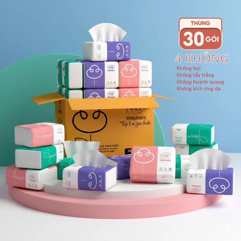 Thùng 30 gói giấy ăn Organic giấy 3 lớp 300 tờ - chuẩn loại 1