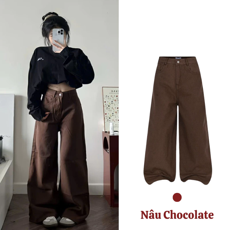 Quần   KAKI Jeans Ống Rộng Ver 3 Nâu Chocolate nhiều màu  - Phong Cách Hàn Quốc dáng dài lưng cao form unisex
