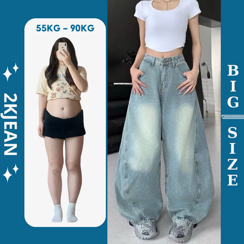 Quần ống rộng jean nữ trơn Bigsize 55-90kg, kiểu form suông thụng unisex hàng QC 2KJeans QC256