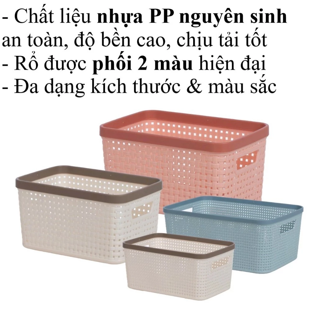 Rổ viền mây HOKORI nhựa VIỆT NHẬT cao cấp - Đan mây tre, đựng đồ, quần áo bé, bánh kẹo - 3517/8/9/20