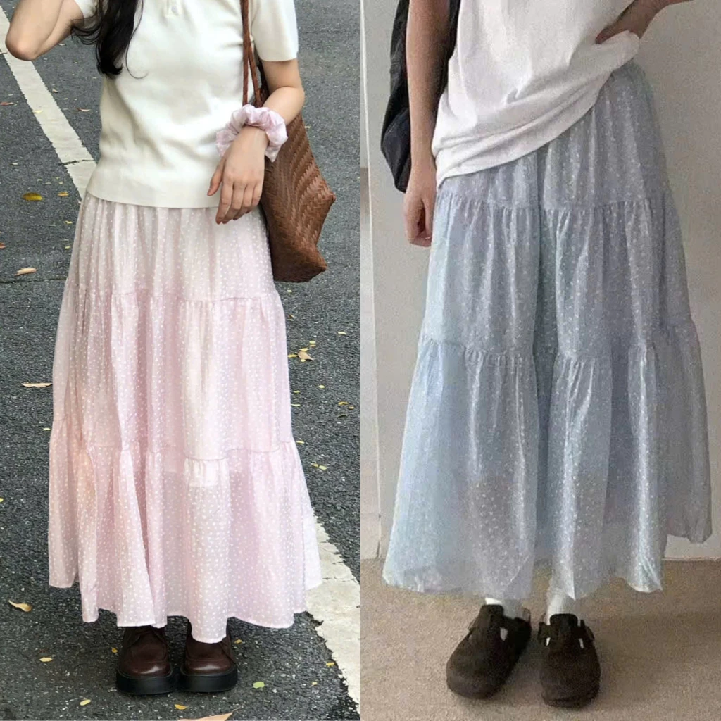 Chân váy midi TƠ họa tiết thêu hoa nhí, váy dáng dài 3 tầng cạp chun Renee Store - V460