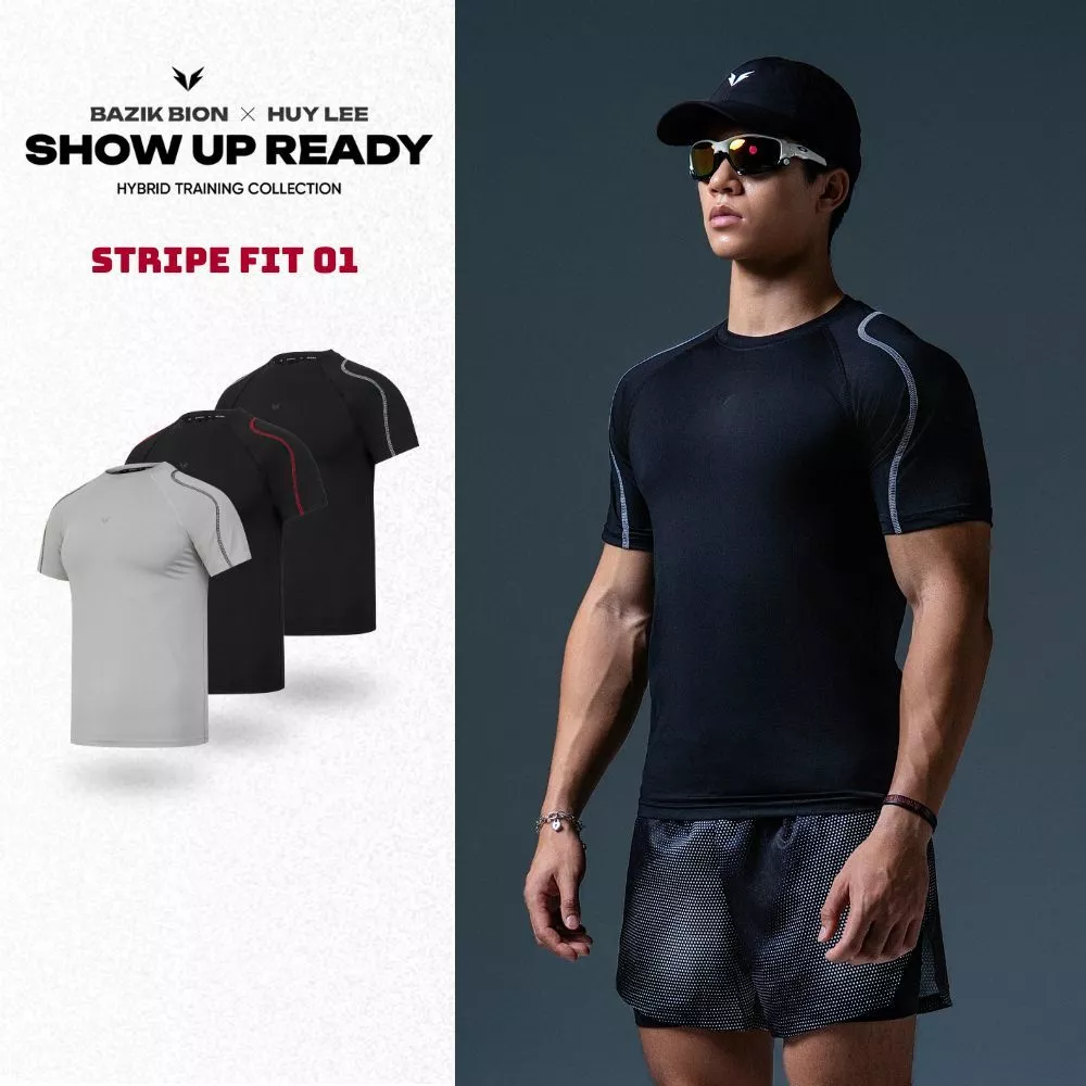 [HUYLEE] Áo Thun Thể Thao Tập Luyện Bazik Bion Stripe Fit 01 Phối vai Form Bodyfit, Co giãn 4 chiều - A54