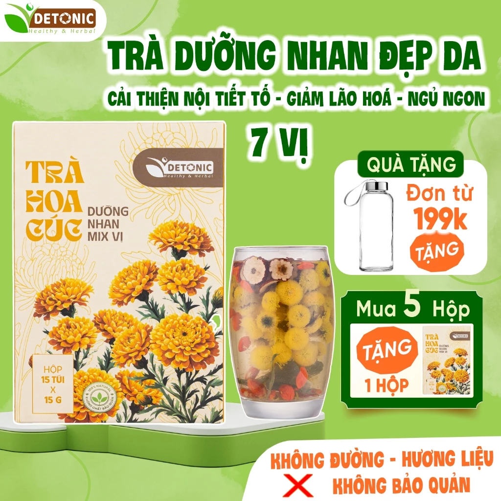 Trà dưỡng nhãn 7 vị DETONIC giúp thanh nhiệt giải độc mát gan, tăng sắc tố giúp làm da hồng hào, giúp ngủ ngon, giảm mụn